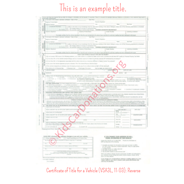 This is an Example of Virginia Certificate of Title for a Vehicle (VSA3L, 11-03) Reverse View | Kids Car Donations